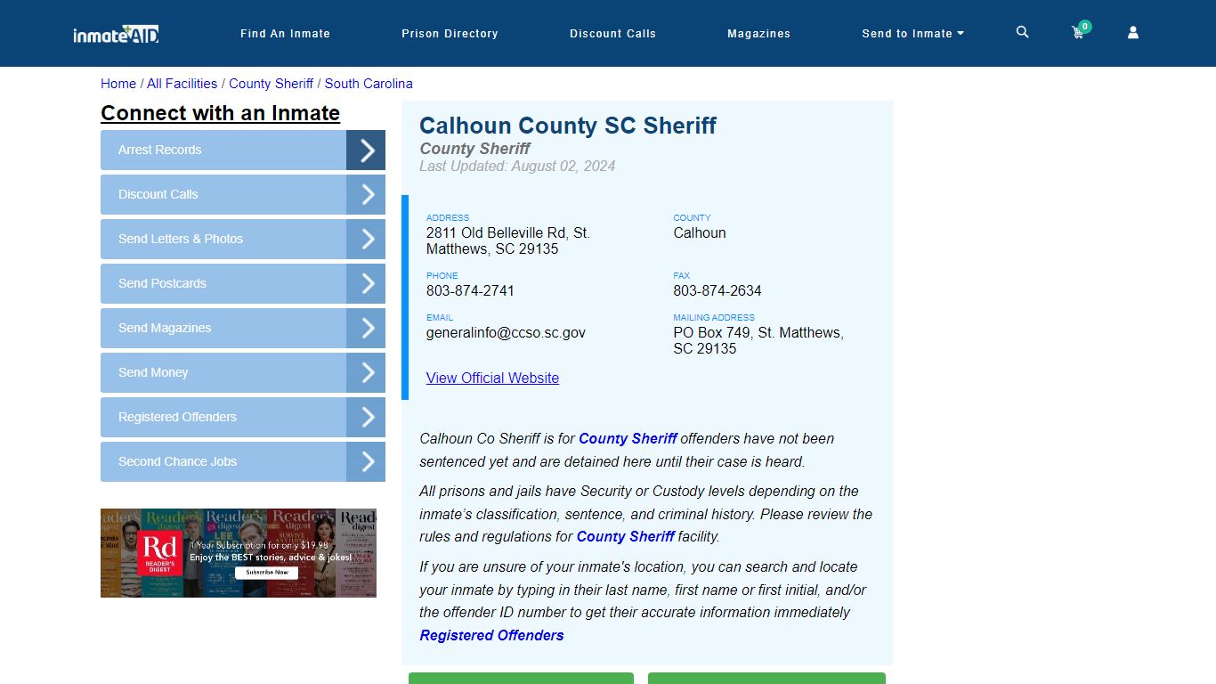 Calhoun County SC Sheriff & Arrest Search - InmateAid